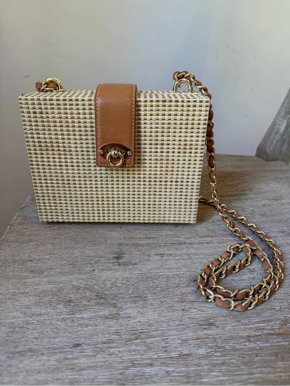 J.McLaughlin Raffia Box Bag Leather Trim Gold Chain Crossbody